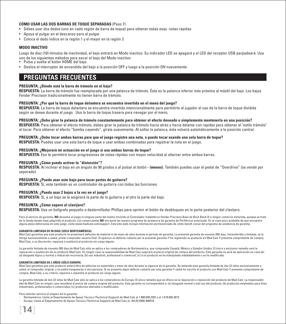 Preguntas frecuentes | Rock Band Wireless Fender Precision Bass Controller Rock Band 3-Nintendo Wii User Manual | Page 14 / 32