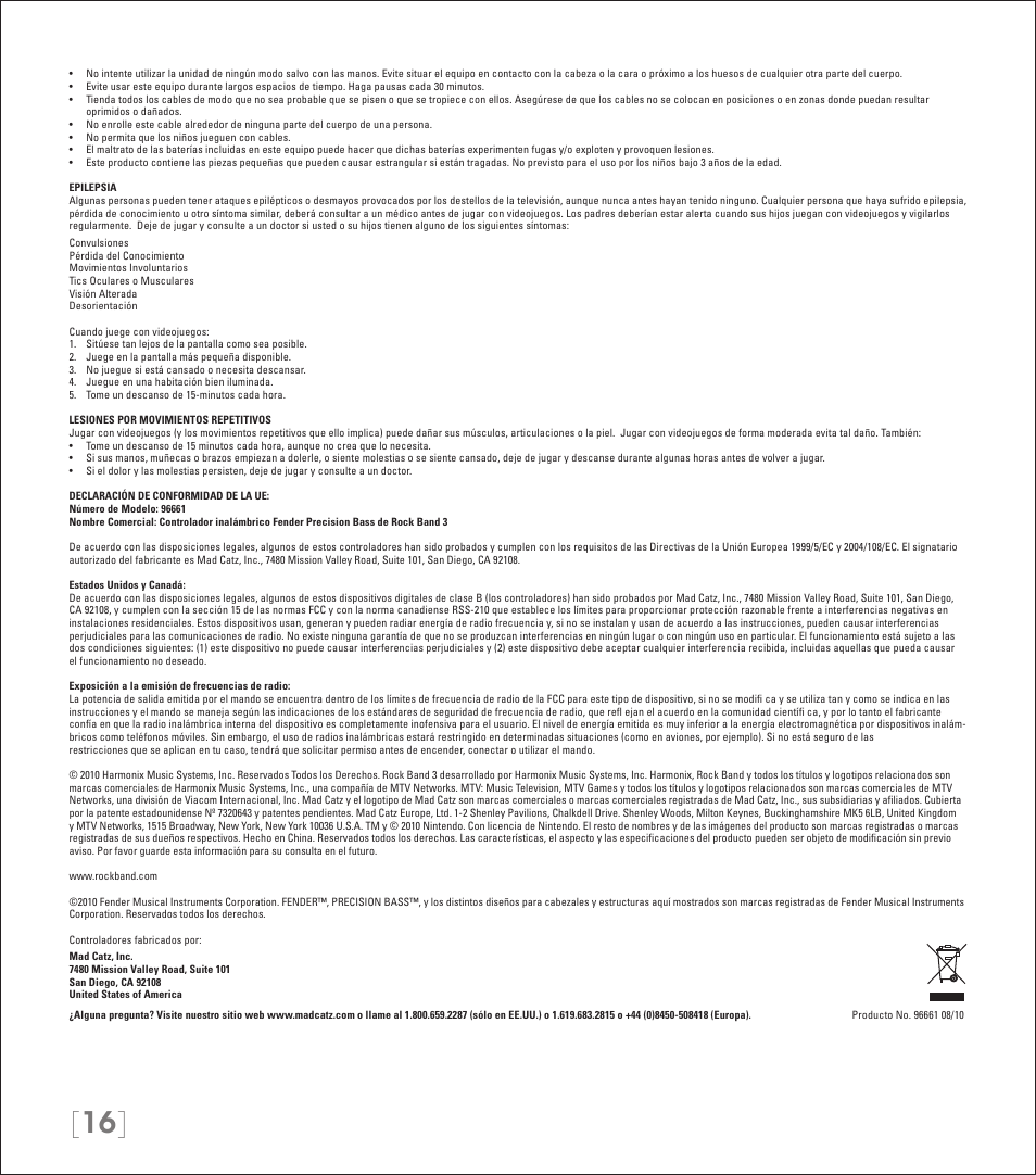 Rock Band Wireless Fender Precision Bass Controller Rock Band 3-Nintendo Wii User Manual | Page 16 / 32