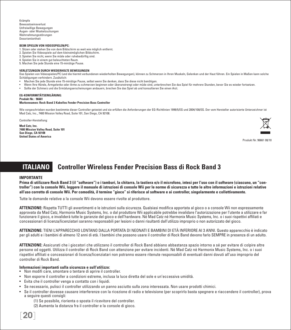 Rock Band Wireless Fender Precision Bass Controller Rock Band 3-Nintendo Wii User Manual | Page 20 / 32