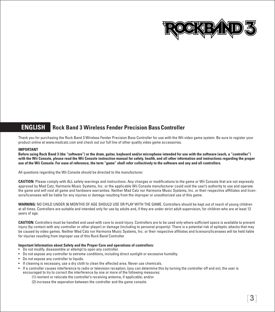 English, Rock band 3 wireless fender precision bass, Controller | Rock Band Wireless Fender Precision Bass Controller Rock Band 3-Nintendo Wii User Manual | Page 3 / 32