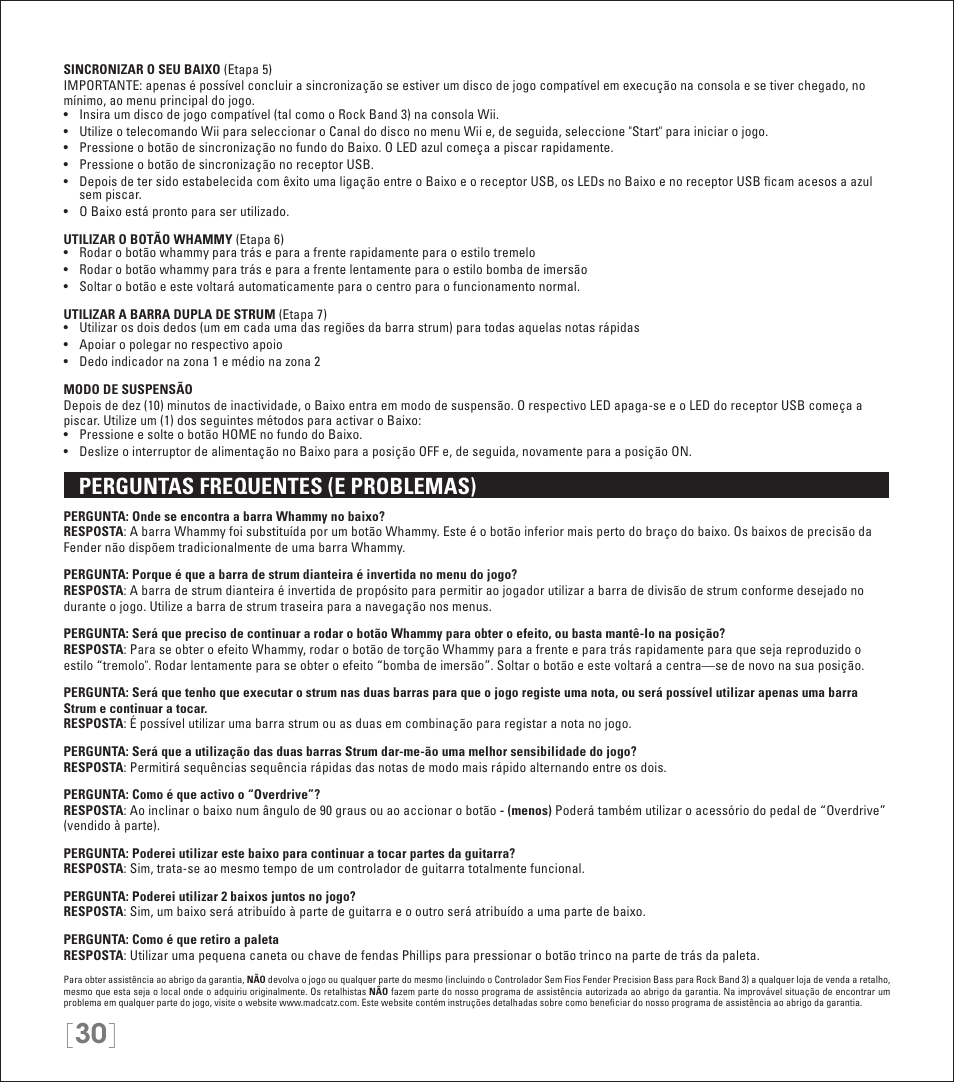 Perguntas frequentes (e problemas) | Rock Band Wireless Fender Precision Bass Controller Rock Band 3-Nintendo Wii User Manual | Page 30 / 32