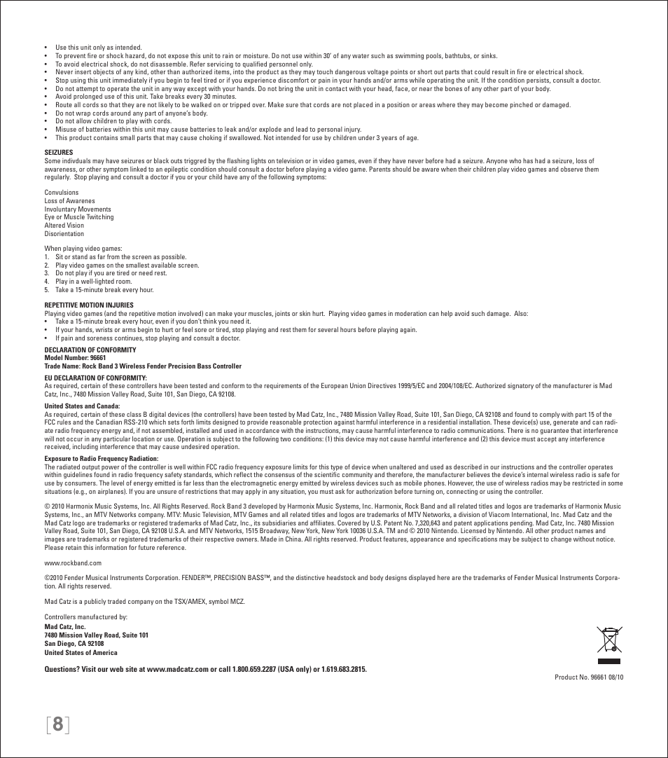 Rock Band Wireless Fender Precision Bass Controller Rock Band 3-Nintendo Wii User Manual | Page 8 / 32