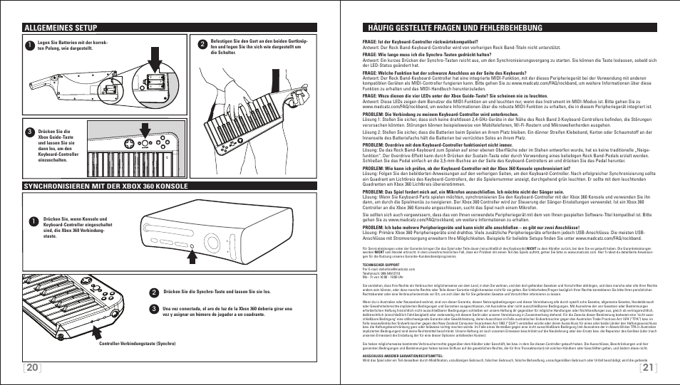 Häufig gestellte fragen und fehlerbehebung, Allgemeines setup, Synchronisieren mit der xbox 360 konsole | Rock Band Wireless Keyboard Clavier Rock Band 3 for Xbox 360 User Manual | Page 11 / 21