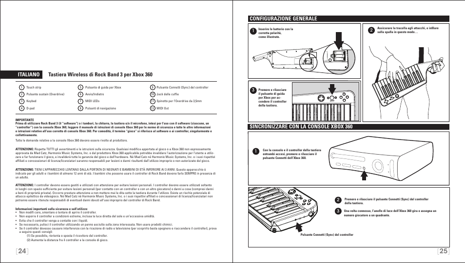 Configurazione generale, Sincronizzare con la console xbox 360 | Rock Band Wireless Keyboard Clavier Rock Band 3 for Xbox 360 User Manual | Page 13 / 21