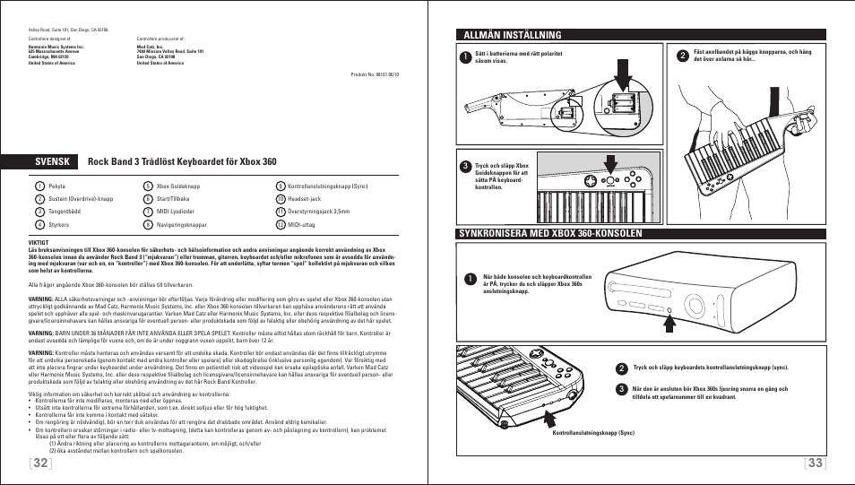 Allmän inställning, Synkronisera med xbox 360-konsolen | Rock Band Wireless Keyboard Clavier Rock Band 3 for Xbox 360 User Manual | Page 17 / 21