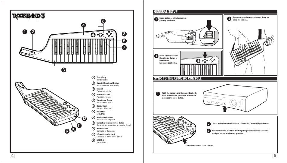 General setup, Sync to the xbox 360 console | Rock Band Wireless Keyboard Clavier Rock Band 3 for Xbox 360 User Manual | Page 3 / 21