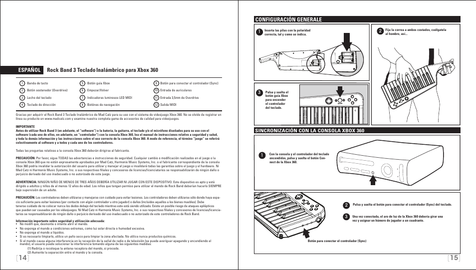 Español rock band 3 teclado, Inalámbrico para xbox 360, Configuración generale | Sincronización con la consola xbox 360 | Rock Band Wireless Keyboard Clavier Rock Band 3 for Xbox 360 User Manual | Page 8 / 21