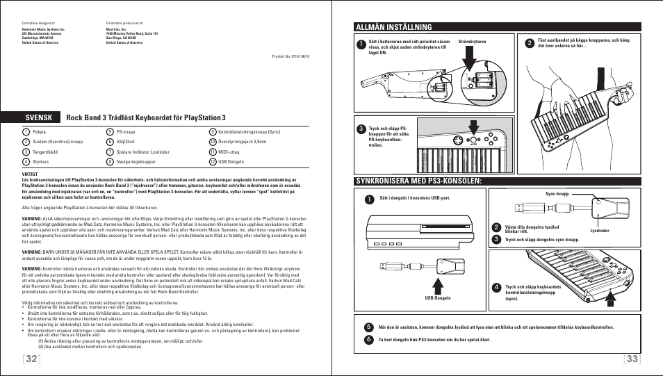 Allmän inställning, Synkronisera med ps3-konsolen | Rock Band Wireless Keyboard Clavier Rock Band 3 for PlayStation-3 User Manual | Page 17 / 21