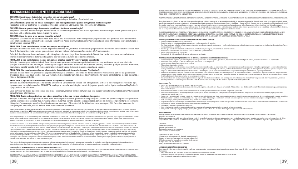 Perguntas frequentes (e problemas) | Rock Band Wireless Keyboard Clavier Rock Band 3 for PlayStation-3 User Manual | Page 20 / 21