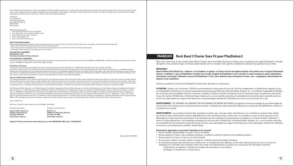 Rock Band Wireless Keyboard Clavier Rock Band 3 for PlayStation-3 User Manual | Page 5 / 21