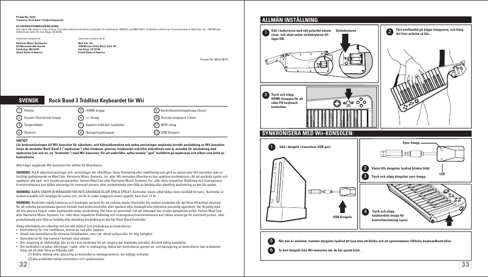 Svensk rock band 3 trådlöst keyboardet för wii, Allmän inställning, Synkronisera med wii-konsolen | Rock Band Wireless Keyboard Clavier Rock Band 3 for Nintendo Wii User Manual | Page 17 / 21