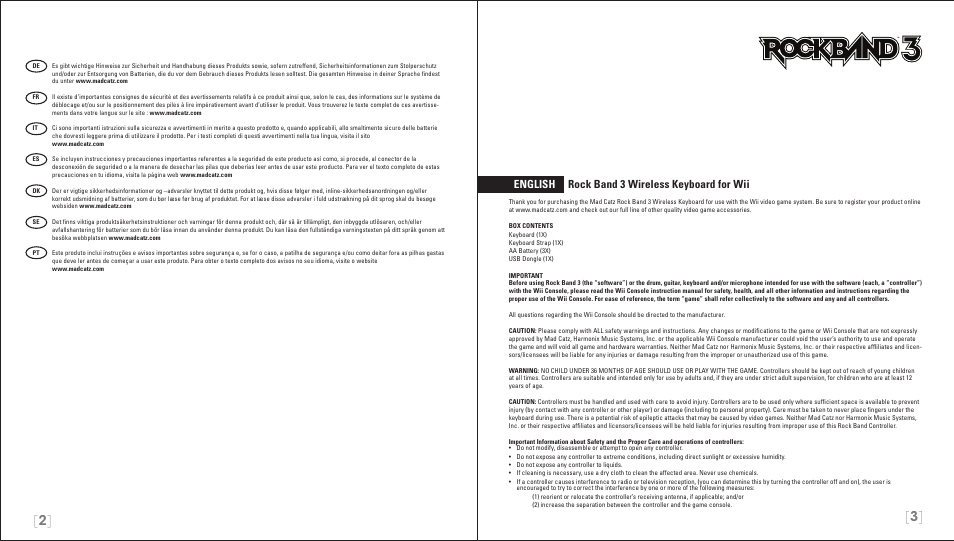 English rock band 3 wireless keyboard for wii | Rock Band Wireless Keyboard Clavier Rock Band 3 for Nintendo Wii User Manual | Page 2 / 21