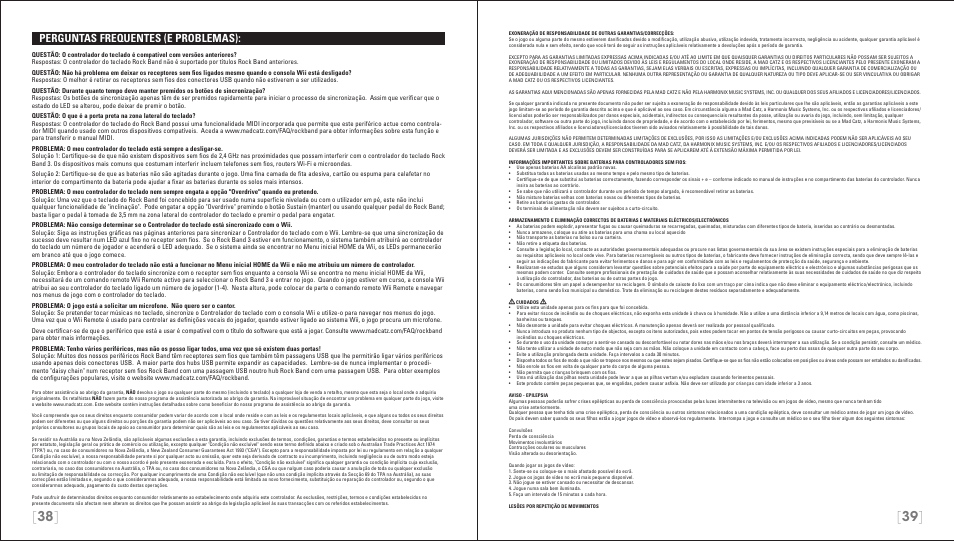 Perguntas frequentes (e problemas) | Rock Band Wireless Keyboard Clavier Rock Band 3 for Nintendo Wii User Manual | Page 20 / 21
