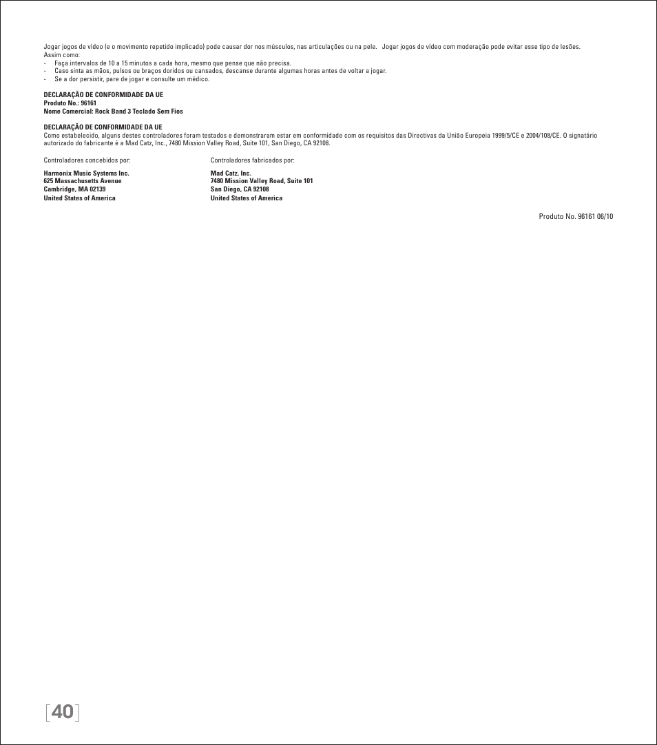 Rock Band Wireless Keyboard Clavier Rock Band 3 for Nintendo Wii User Manual | Page 21 / 21