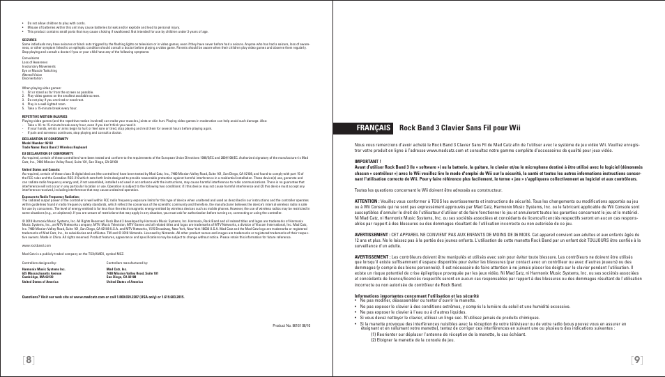 Français rock band 3 clavier sans fil pour wii | Rock Band Wireless Keyboard Clavier Rock Band 3 for Nintendo Wii User Manual | Page 5 / 21