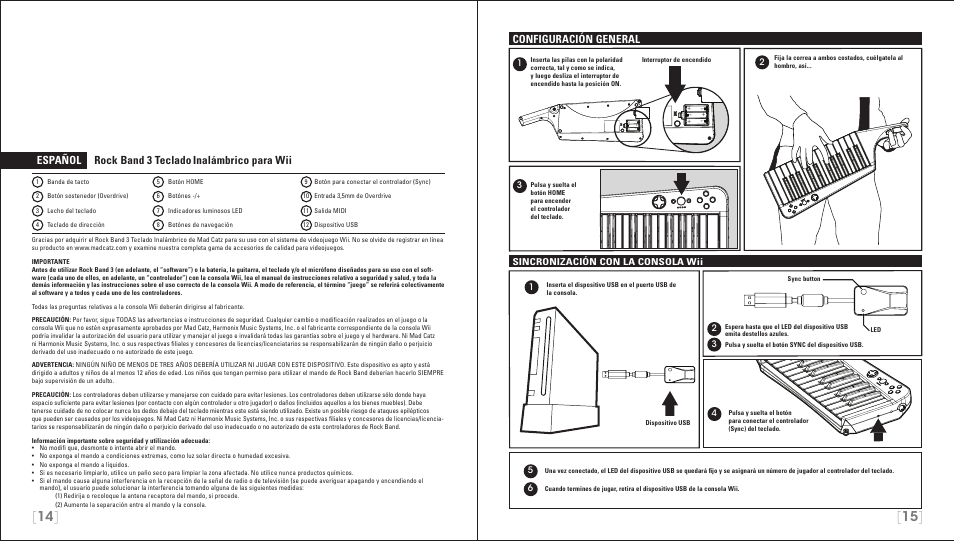 Español rock band 3 teclado, Inalámbrico para wii, Configuración general | Rock Band Wireless Keyboard Clavier Rock Band 3 for Nintendo Wii User Manual | Page 8 / 21