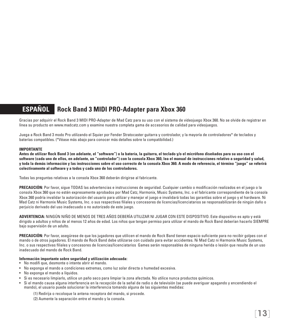 Español rock band 3 midi pro-adapter para xbox 360 | Rock Band MIDI PRO-Adapter Rock Band 3 for Xbox 360 User Manual | Page 13 / 34