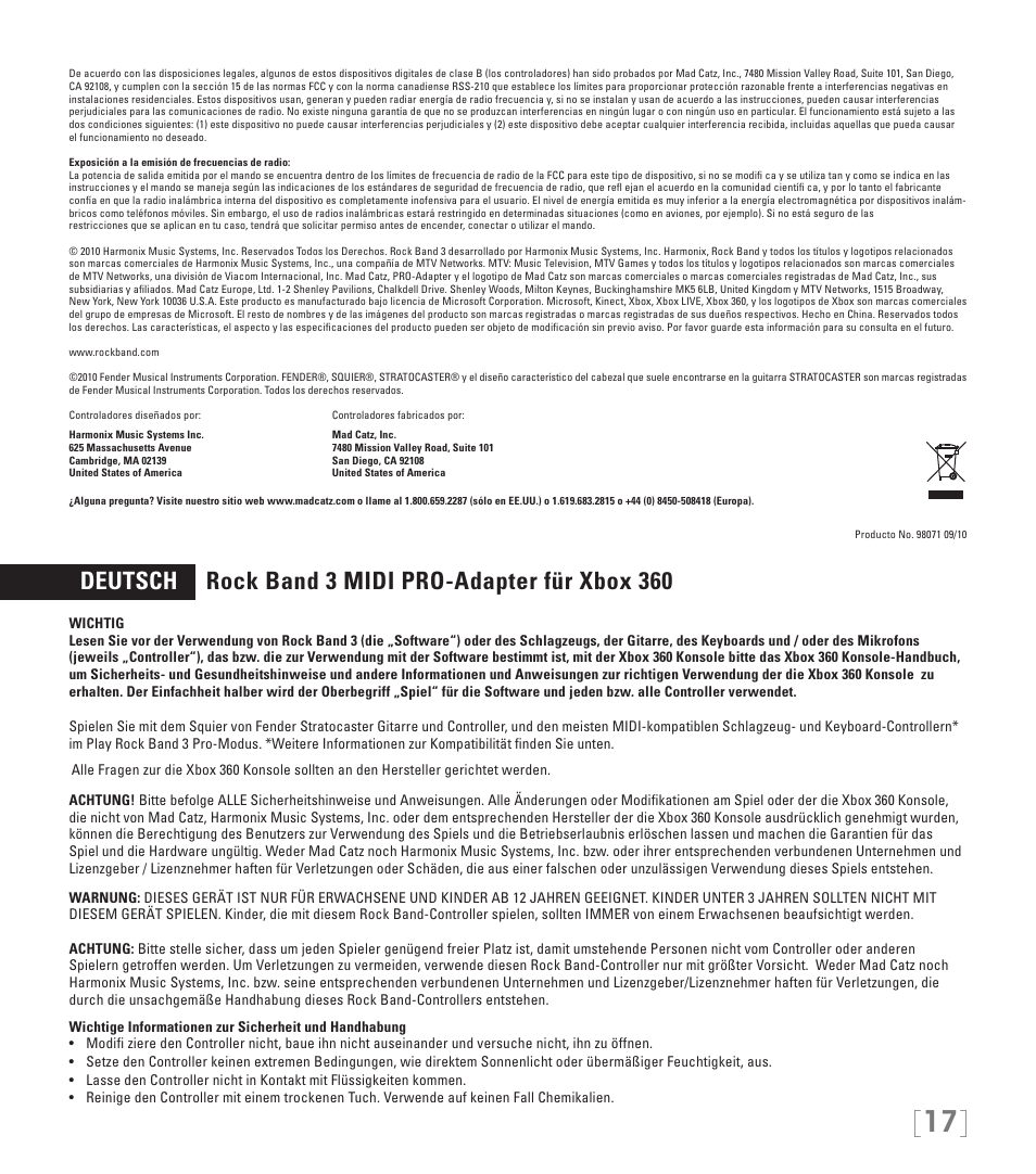 Deutsch rock band 3 midi pro-adapter für xbox 360 | Rock Band MIDI PRO-Adapter Rock Band 3 for Xbox 360 User Manual | Page 17 / 34