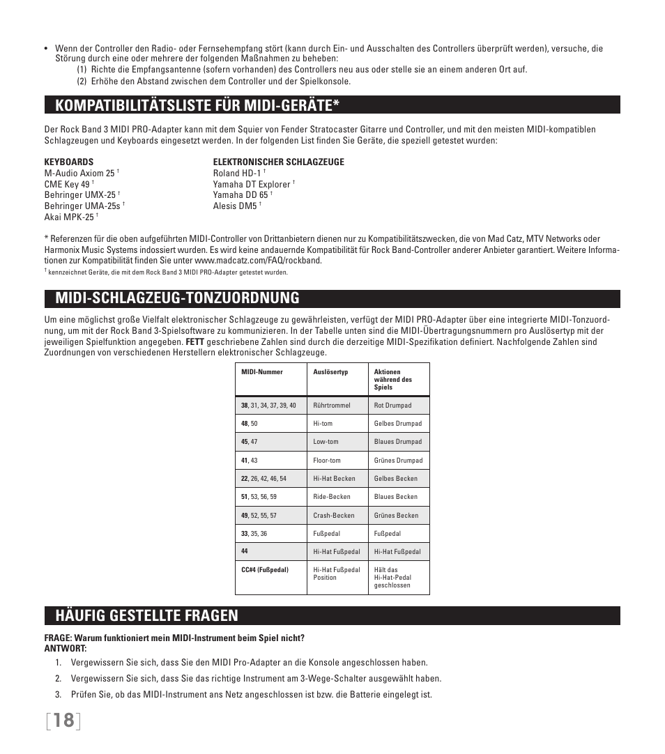 Kompatibilitätsliste für midi-geräte, Midi-schlagzeug-tonzuordnung, Häufig gestellte fragen | Rock Band MIDI PRO-Adapter Rock Band 3 for Xbox 360 User Manual | Page 18 / 34
