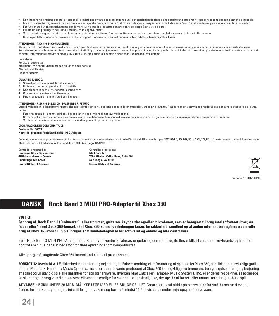 Dansk rock band 3 midi pro-adapter til xbox 360 | Rock Band MIDI PRO-Adapter Rock Band 3 for Xbox 360 User Manual | Page 24 / 34