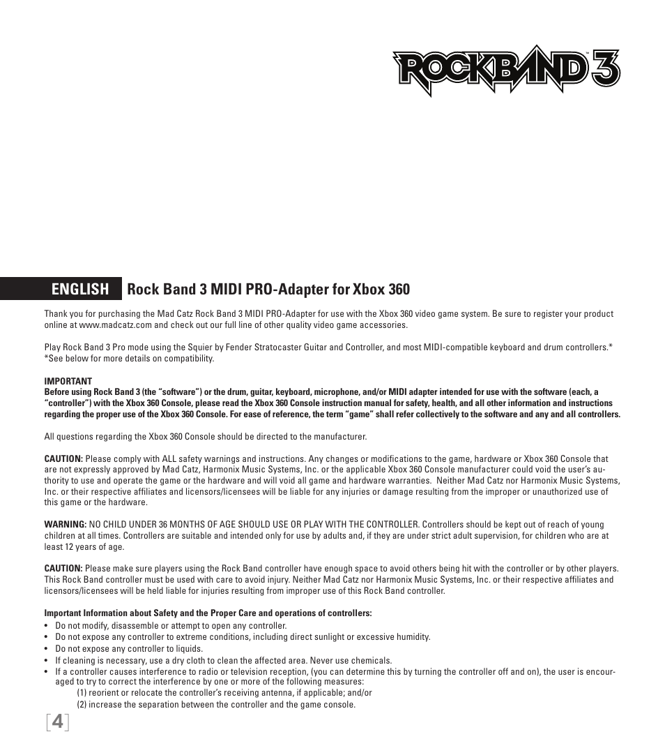 English rock band 3 midi pro-adapter for xbox 360 | Rock Band MIDI PRO-Adapter Rock Band 3 for Xbox 360 User Manual | Page 4 / 34