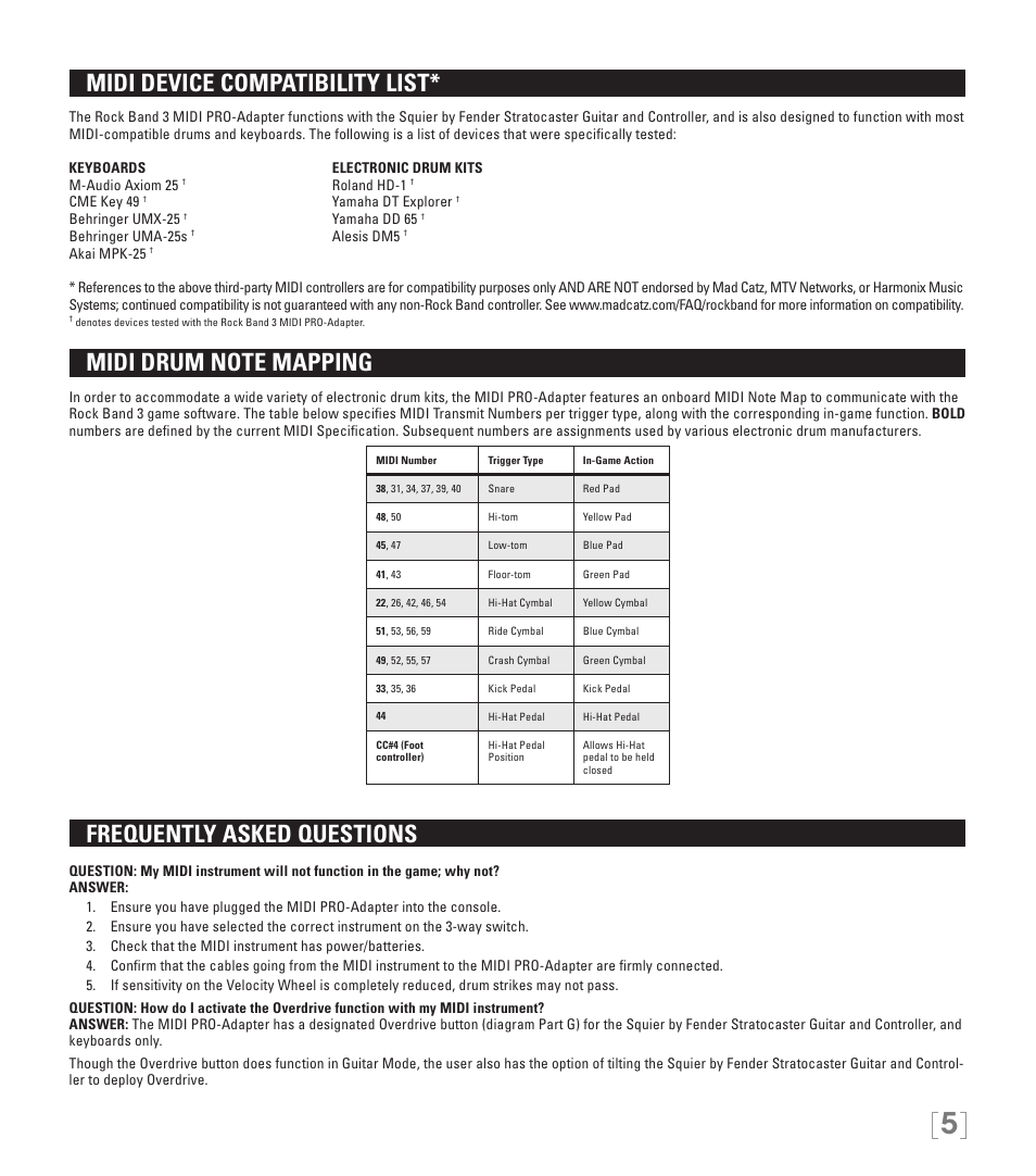 Midi device compatibility list, Frequently asked questions | Rock Band MIDI PRO-Adapter Rock Band 3 for Xbox 360 User Manual | Page 5 / 34