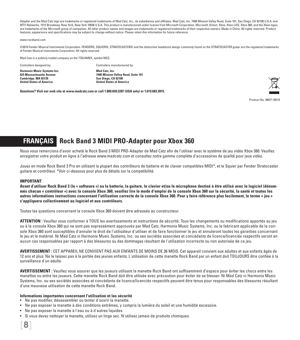 Rock Band MIDI PRO-Adapter Rock Band 3 for Xbox 360 User Manual | Page 8 / 34