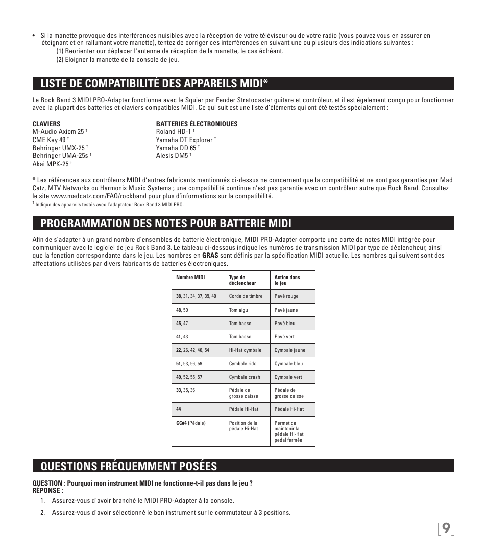 Liste de compatibilité des appareils midi, Questions fréquemment posées | Rock Band MIDI PRO-Adapter Rock Band 3 for Xbox 360 User Manual | Page 9 / 34