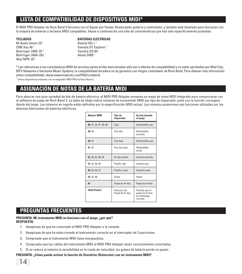 Lista de compatibilidad de dispositivos midi, Asignación de notas de la batería midi, Preguntas frecuentes | Rock Band MIDI PRO-Adapter Rock Band 3 for PlayStation-3 User Manual | Page 14 / 34