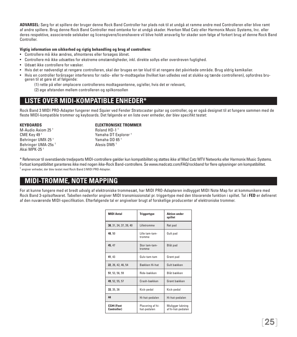 Liste over midi-kompatible enheder | Rock Band MIDI PRO-Adapter Rock Band 3 for PlayStation-3 User Manual | Page 25 / 34