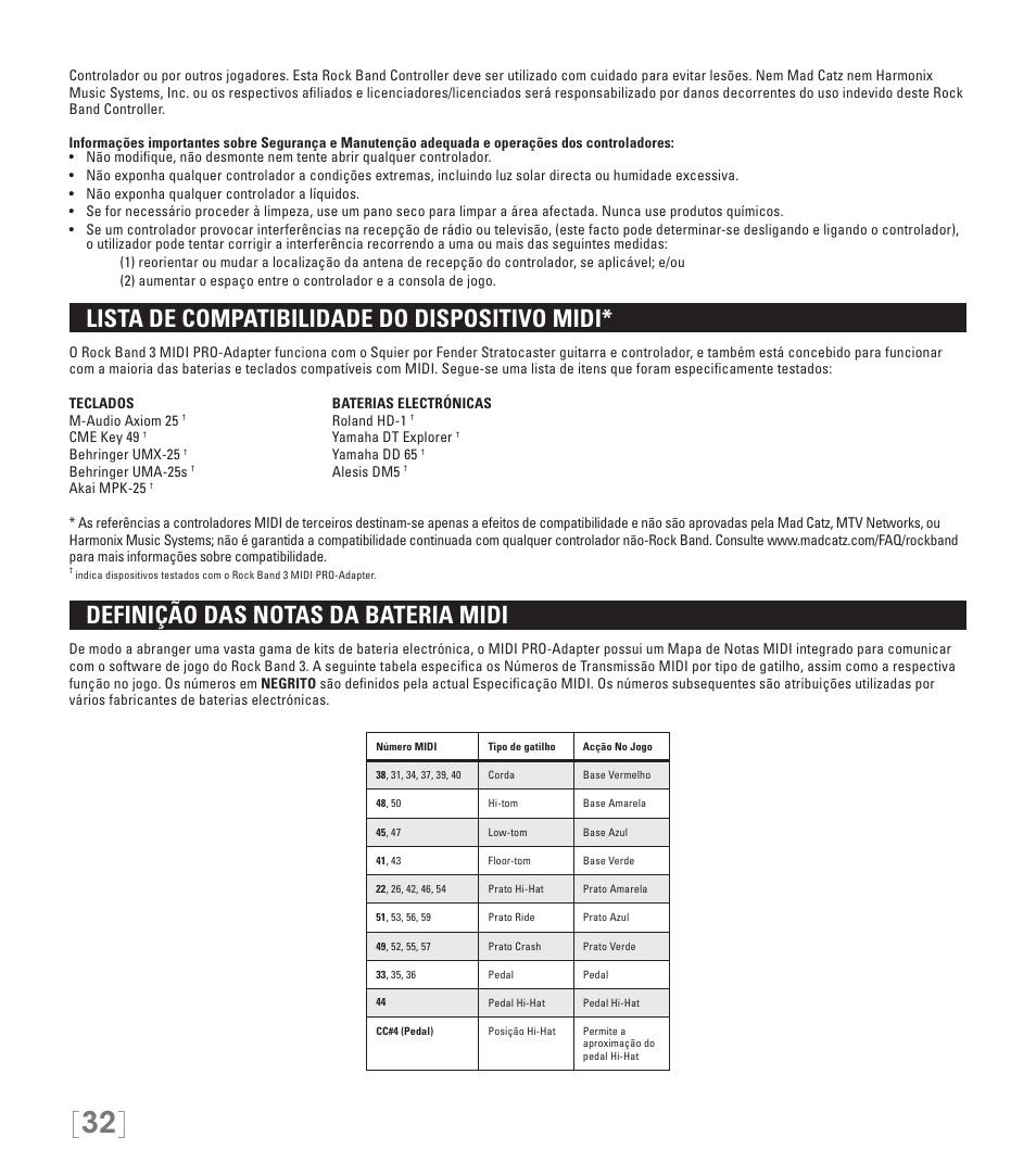Lista de compatibilidade do dispositivo midi, Definição das notas da bateria midi | Rock Band MIDI PRO-Adapter Rock Band 3 for PlayStation-3 User Manual | Page 32 / 34