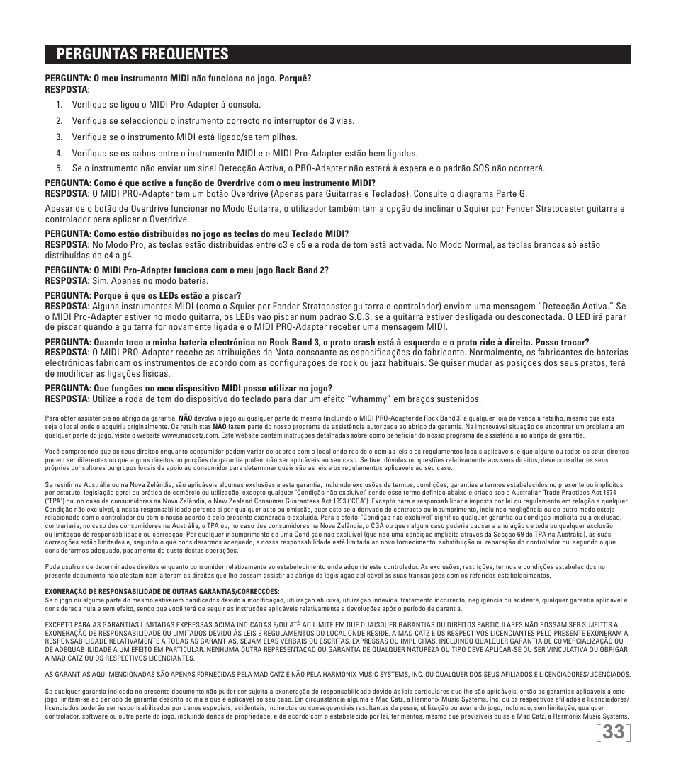 Perguntas frequentes | Rock Band MIDI PRO-Adapter Rock Band 3 for PlayStation-3 User Manual | Page 33 / 34