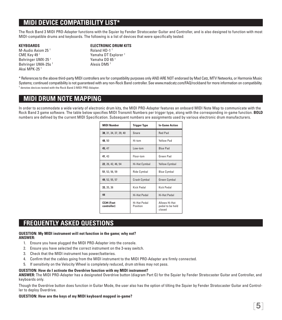 Midi device compatibility list, Frequently asked questions | Rock Band MIDI PRO-Adapter Rock Band 3 for PlayStation-3 User Manual | Page 5 / 34