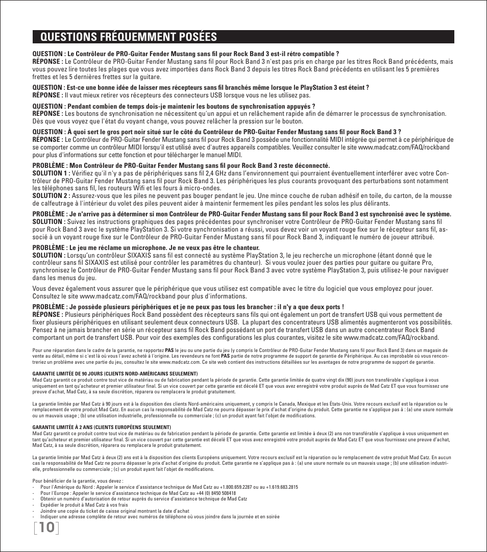 Questions fréquemment posées | Rock Band Wireless Fender Mustang PRO-Guitar Controller Rock Band 3-PlayStation-3 User Manual | Page 10 / 32