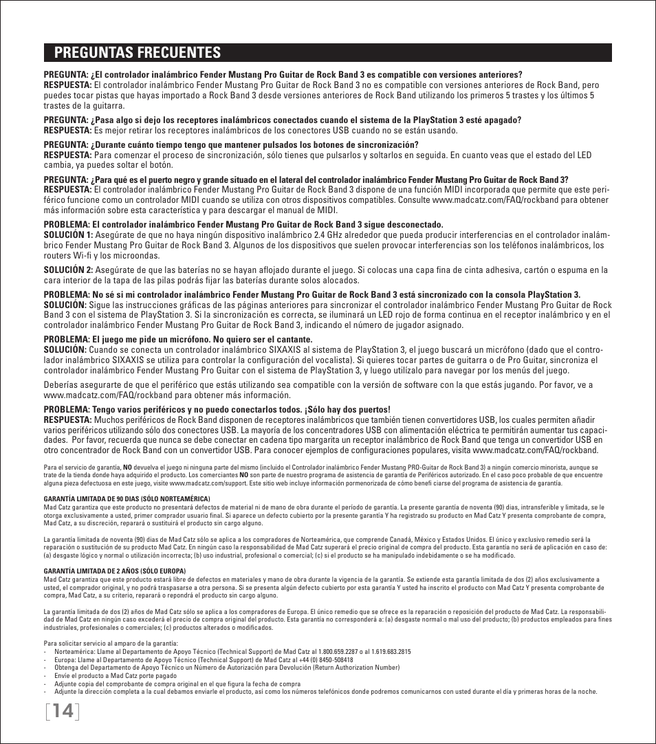 Preguntas frecuentes | Rock Band Wireless Fender Mustang PRO-Guitar Controller Rock Band 3-PlayStation-3 User Manual | Page 14 / 32