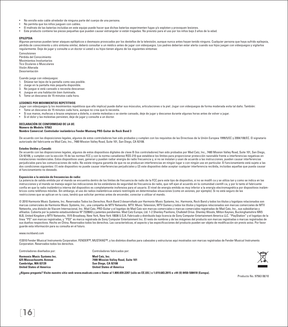 Rock Band Wireless Fender Mustang PRO-Guitar Controller Rock Band 3-PlayStation-3 User Manual | Page 16 / 32