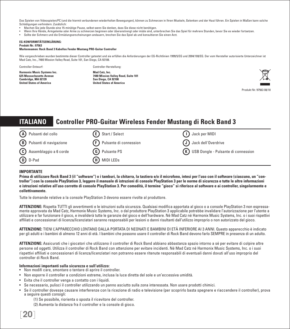 Rock Band Wireless Fender Mustang PRO-Guitar Controller Rock Band 3-PlayStation-3 User Manual | Page 20 / 32