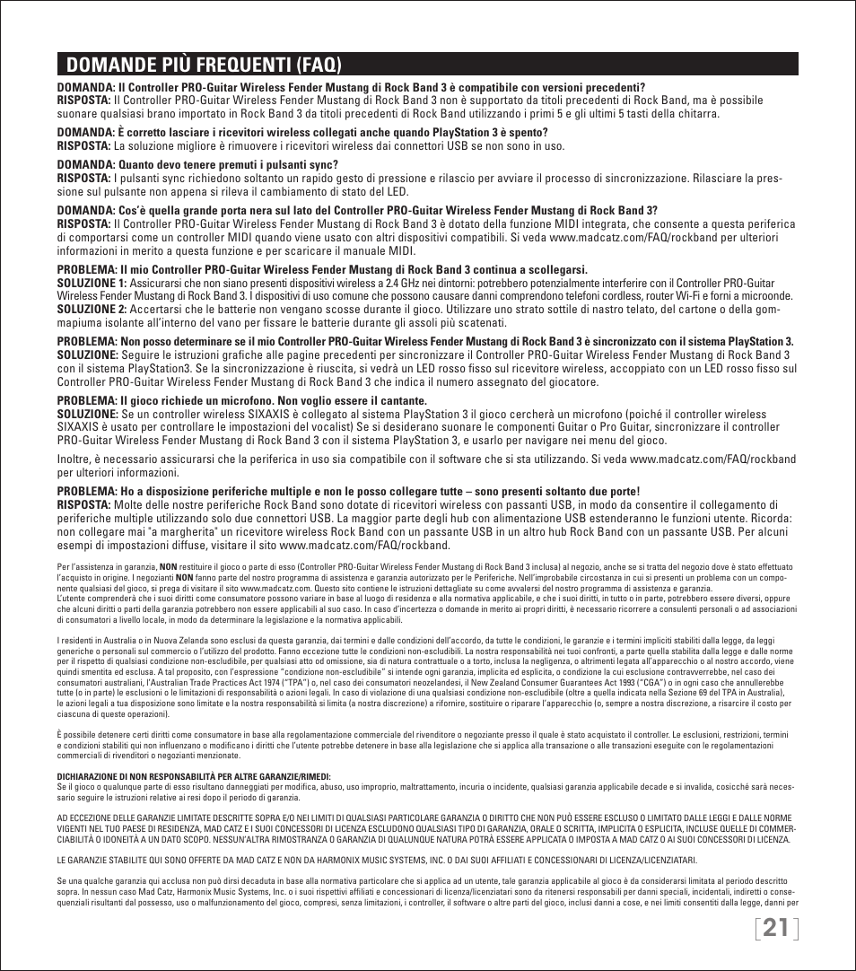 Domande più frequenti (faq) | Rock Band Wireless Fender Mustang PRO-Guitar Controller Rock Band 3-PlayStation-3 User Manual | Page 21 / 32