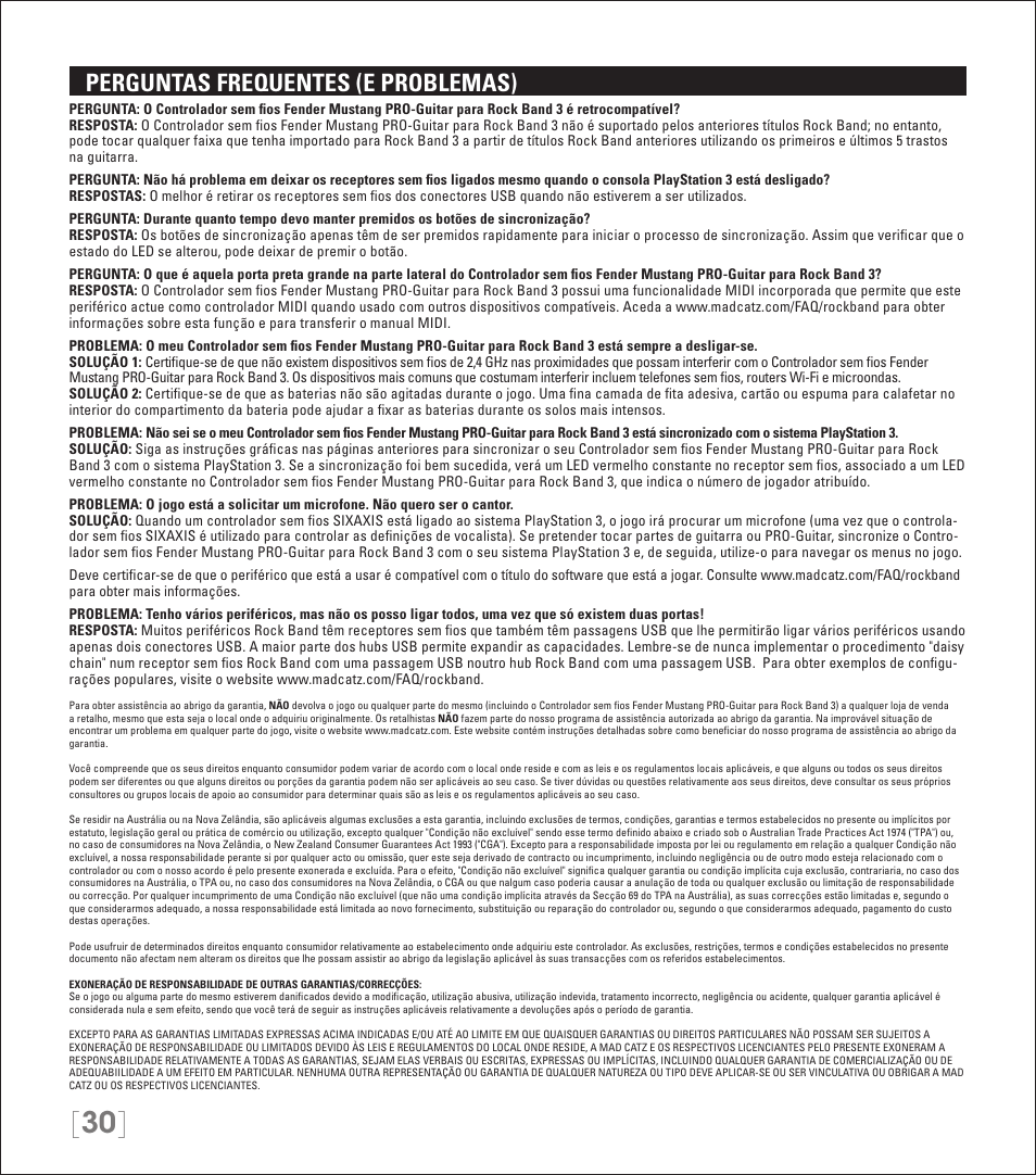 Perguntas frequentes (e problemas) | Rock Band Wireless Fender Mustang PRO-Guitar Controller Rock Band 3-PlayStation-3 User Manual | Page 30 / 32