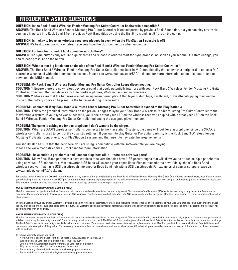 Frequently asked questions | Rock Band Wireless Fender Mustang PRO-Guitar Controller Rock Band 3-PlayStation-3 User Manual | Page 6 / 32