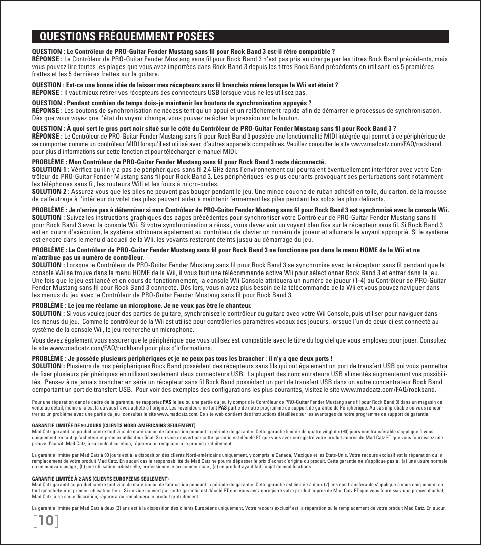 Questions fréquemment posées | Rock Band Wireless Fender Mustang PRO-Guitar Controller Rock Band 3-Nintendo Wii User Manual | Page 10 / 32