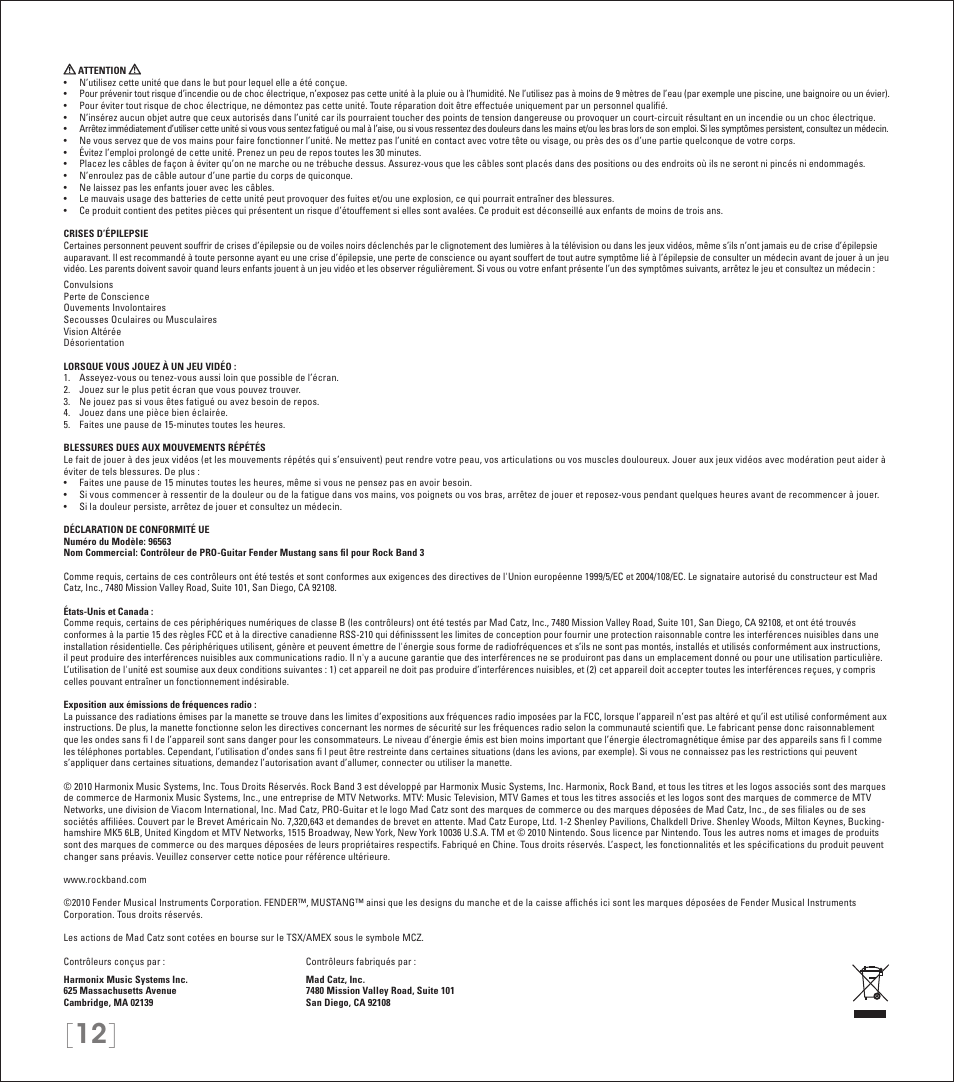 Rock Band Wireless Fender Mustang PRO-Guitar Controller Rock Band 3-Nintendo Wii User Manual | Page 12 / 32