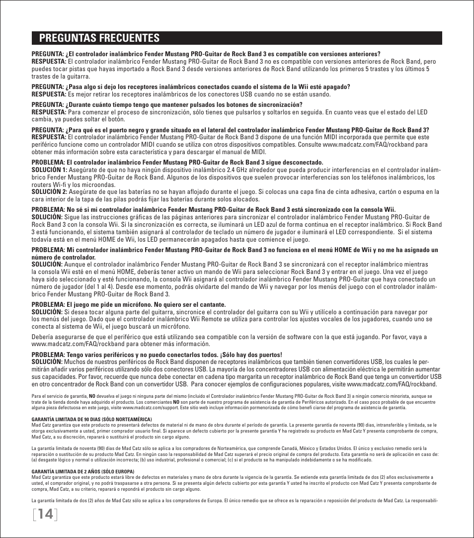 Preguntas frecuentes | Rock Band Wireless Fender Mustang PRO-Guitar Controller Rock Band 3-Nintendo Wii User Manual | Page 14 / 32