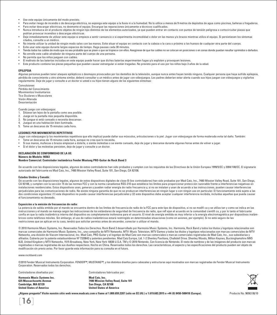 Rock Band Wireless Fender Mustang PRO-Guitar Controller Rock Band 3-Nintendo Wii User Manual | Page 16 / 32