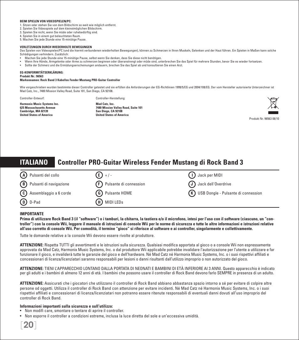 Rock Band Wireless Fender Mustang PRO-Guitar Controller Rock Band 3-Nintendo Wii User Manual | Page 20 / 32
