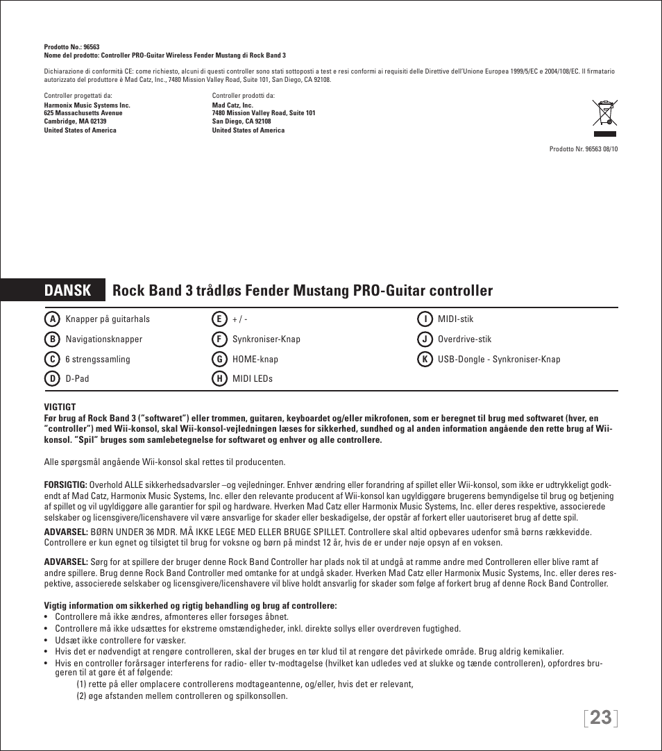 Rock Band Wireless Fender Mustang PRO-Guitar Controller Rock Band 3-Nintendo Wii User Manual | Page 23 / 32