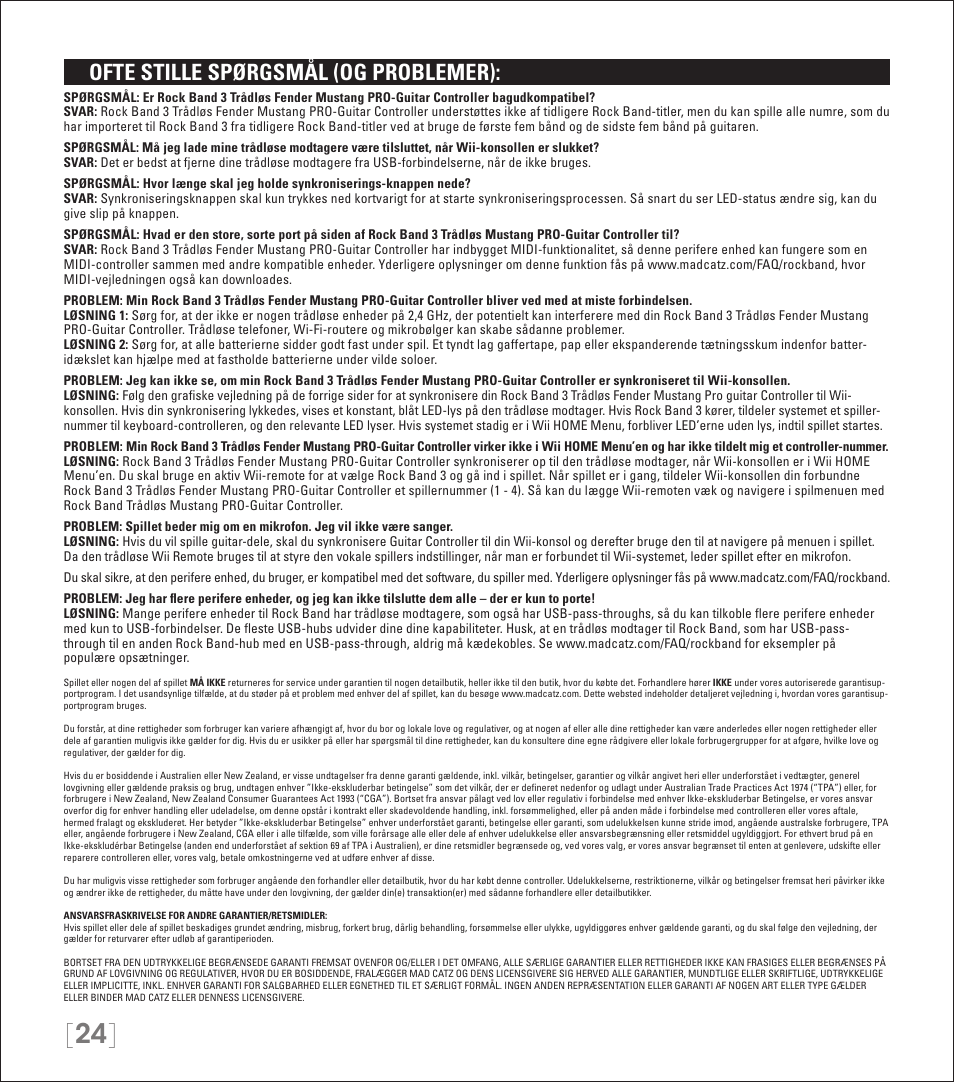 Ofte stille spørgsmål (og problemer) | Rock Band Wireless Fender Mustang PRO-Guitar Controller Rock Band 3-Nintendo Wii User Manual | Page 24 / 32