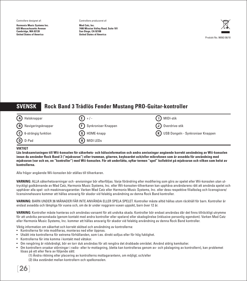 Rock Band Wireless Fender Mustang PRO-Guitar Controller Rock Band 3-Nintendo Wii User Manual | Page 26 / 32