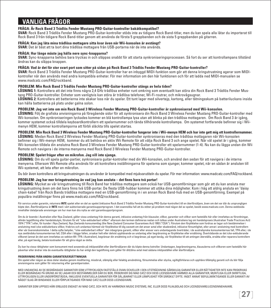 Vanliga frågor | Rock Band Wireless Fender Mustang PRO-Guitar Controller Rock Band 3-Nintendo Wii User Manual | Page 27 / 32