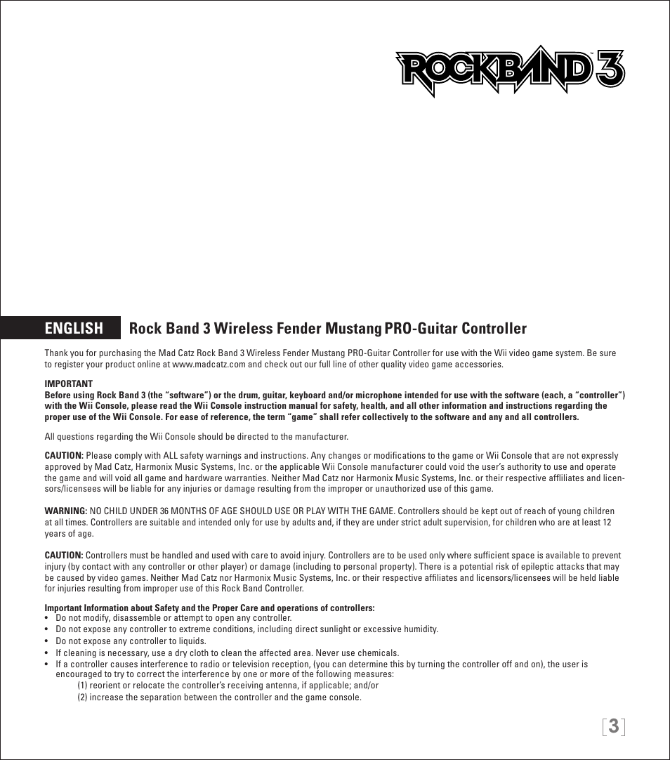 English rock band 3 wireless fender mustang, Pro-guitar controller | Rock Band Wireless Fender Mustang PRO-Guitar Controller Rock Band 3-Nintendo Wii User Manual | Page 3 / 32